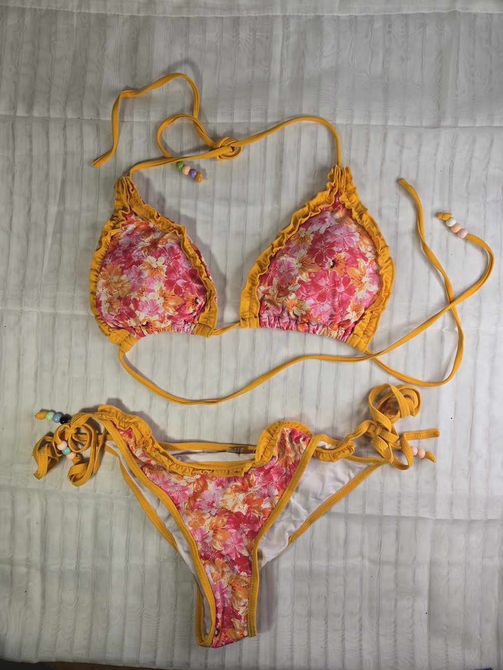 Yellow and Pink Floral Ruffle Triangle Bikini